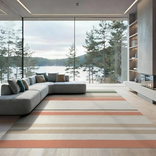 6'x9' Washable Flatwoven Rug, Beige Scandinavian Stripe Stain Resistant Large Carpet for Dining Room, Under Table, Office, Non-Slip Chair-Friendly Floor Mat | Ref:1993948 - color: Beige/Pattern 22, size: 6' x 9' (Rectangular)