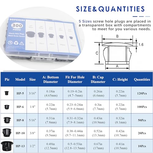 300 PCS 5 Sizes Plastic Hole Plugs Black 3/16, 1/4, 5/16, 3/8, 1/2 Inch Round Hole, Snap in Knockout Locking Flush Type Furniture Hardware Kitchen Cabinet Cupboard Shelves Screw Covers Caps - size: 5 Sizes, Black((3/16“-1/2”, 300 PCS)
