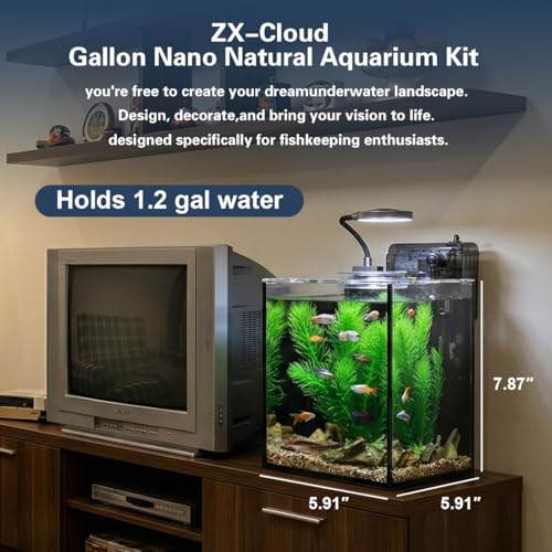 Fish Tank Kit,1.2 Gallon Small Aquarium,Ultra-Clear Nano Aquarium,Betta Fish Tank,Small Fish Tank,Aquarium Starter kit with Light,Filter,Pine Skin Stone,Sand and Artificial Plants - size: 5.9"L x 5.9"W x 7.87"H