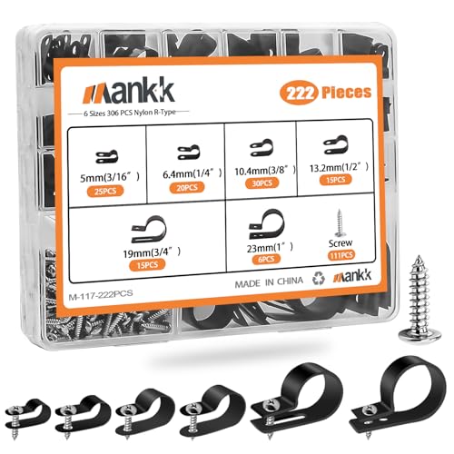 mankk 222PCS Cable Clips Wire Clips Assortment Kit Nylon Plastic R-Type Cable Clamps 6 Sizes (3/16'' 1/4'' 3/8'' 1/2'' 3/4'' 1'') Wire Mounting Clips with Screws for Cable Management - size: 6 Size-222PCS