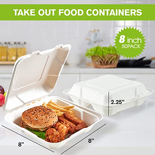 ECOLipak 50 Pack Clamshell Take Out Food Containers, 100% Compostable Disposable To Go Containers, 8X8 inch Heavy-Duty To Go Boxes for Food - color: 8*8 in, 1-Compartment,50Pack