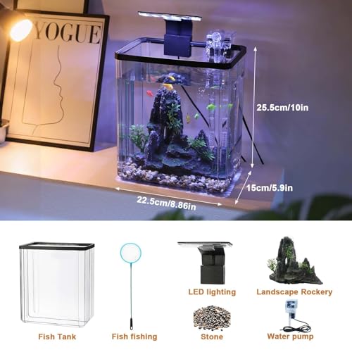 GarveeLife Small Fish Tank, Betta Fish Tank kit with LED Light, Oxygen Generator, Fish Tank Starter Kits for Beta,Goldfish (2.6 Gallon)