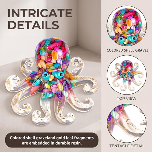 Octopus Decor Aquarium Decorative Resin Glass with Natural Crystal Stone Marine Animals Fish Tank Ornaments Statue Healing Home Decor Ladies Gift 3.93" - color: Colorful