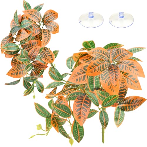 QUOZUO 2 Pack Reptile Plants, Artificial Hanging Plants with Suction Cups, Habitat Decor Plastic Vines Decorations for Bearded Dragons Lizards Snake Geckos Frogs -Gold - color: Gold