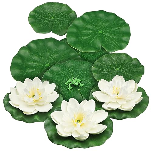 10pcs Artificial Floating Foam Lotus Flowers with Artificial Frog Lotus Leaves, Lily Pads for Lake, Pond Plants Ornaments for Pool Aquarium Water Decoration, White
