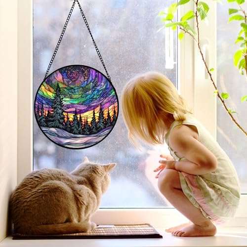 DASTOLL Stained Glass Window Hanging, Van Gogh Night Scene Sun Catchers Colorful Glass Panel Starry Sky Suncatcher Decor for Birthday for Women, Men, Wife, Aunt, and Mom 9.8 in - color: Blue, size: 9.8x9.8 IN