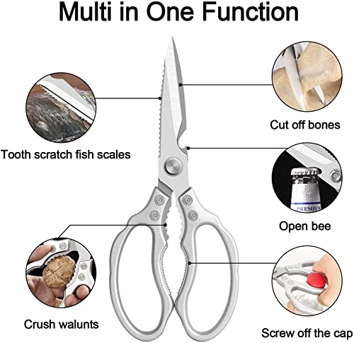 AWinjoy Heavy Duty Sharp Kitchen Scissors, Dishwasher Safe, Cooking Shears for Meat, Chicken, Fish, Poultry, Herb, Bread (Silver) - color: Silver