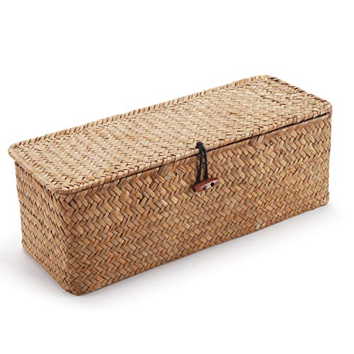 DECRAFTS Seagrass Storage Basket with Lid Rectangular Small Woven Shelf Baskets with Sections for Organize Snack Toys Tampon - color: Natural 3 Sections