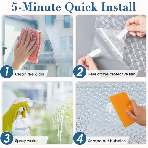 Windimiley 3D Diamond Frosted Window Privacy Film, Static Cling Decorative Glass Covering, No Glue Removable Vinyl, UV Blocking Heat Control for Bathroom Bedroom Door, 11.8 x 78.7 inch
