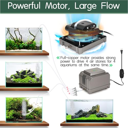 hygger Aquarium Air Pump 10W/15W 0.025Mpa/0.03Mpa Powerful Adjustable Fish Tank Air Pump 4 Outlets Oxygen Aerator for Medium Large Fish Tank Up to 1000 Gallon,Samll Pond,Hydroponics,Commercial Use - size: 15W(350GPH)