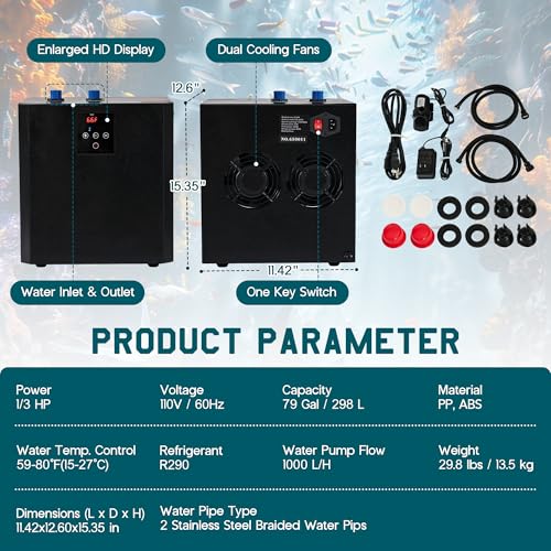 Albott 79 Gal Aquarium Water Chiller, 1/3 HP Fish Tank Chiller with Water Pump & 2 Pipes, Quiet Compressor Aquarium Cooler for Axolotl, Coral, Shrimp Tanks & Hydroponics, 110V Black - size: 1/3 HP
