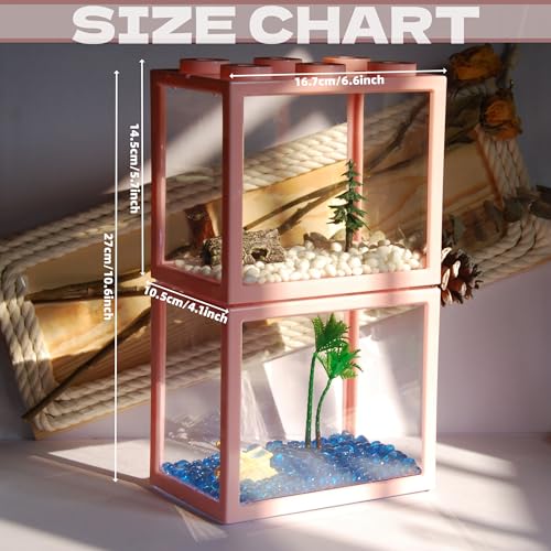 2 Pack Sea Monkey Fish Tank, Mini Betta Fish Tank Stackable Aquarium Tank Kit with Aquarium Gravel & Micro Landscape, 0.6 Gallon Acrylic Fish Bowl Tiny Shrimp Tank for Baby Fish Crab Moss Ball - color: Pink