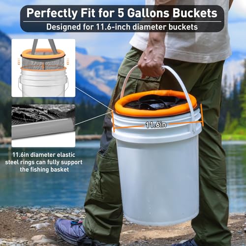 Floating Fish Basket for 5 Gallons Buckets, Foldable Fishing Basket Bait Net for Live Caught, Rubber Coated Mesh Fish Holder for Kayak Fishing Live Well Baitfish Minnow Bucket