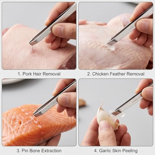 Seafood Fish Bone Remover Tweezers Set 1 Flat Tip 1 Slant Tip Stainless Steel Kitchen Seafood Tweezers for Fish Shrimp Crab Bone Picking Vein Removing Seafood Processing