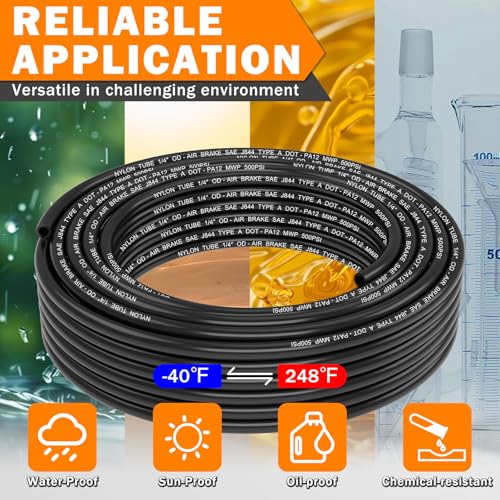 CheeMuii 50 FT 1/4 Pneumatic Tubing 1/4" PA12 Nylon DOT Air Line SAE J844 DOT Air Hose 15.3 Meter 1/4 Inch OD Pneumatic Air Tubing Pipe Hose Line - color: Black, size: 1/4"OD-50FT