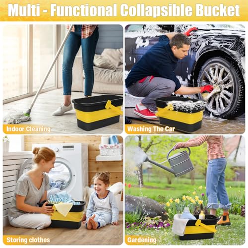 Collapsible Mop Bucket for Cleaning with Handle, Silicone Square Wash Bucket for Windows Cleaning Car Washing,Cleaning Supplies Organizer Plastic Water Bucket for Storage Household use, 3-Gallon - color: Grey Yellow