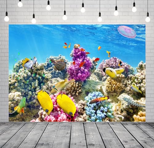 BELECO 10x8ft Fabric Underwater World Backdrop Undersea Tropical Fish Coral Reef Blue Deep Sea Aquarium Background Under The Sea Party Decorations Baby Shower Birthday Shoot Photo Props - size: 10x8FT