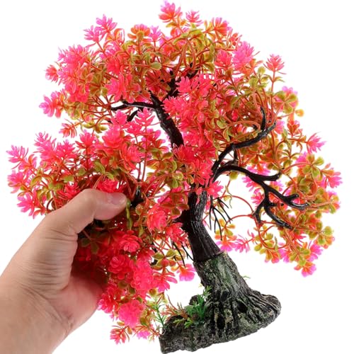 Aquarium Decor Artificial Aquatic Plant Tree with Rock Base Simulation Fish Tank Landscaping Ornament for Home and Desktop Decoration 2.15X2.15X10.14 Inches - color: Red