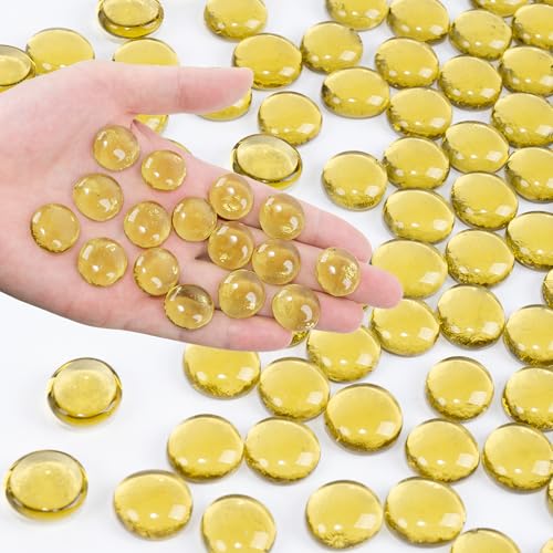 Yellow Flat Glass Marbles, 0.97 lb Vase Filler Pebbles Gems, Decorative Glass Beads for Vases, Crafts, Floral, Mancala Stones, Centerpieces, Aquarium Rocks for Fish Tank(Approx. 80-100 PCS) - color: Yellow