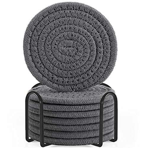 ABenkle 8 Pcs Drink Coasters with Holder, Cotton Woven Absorbent Coasters for Drinks, Minimalist Home Decor Coaster Set for Wooden Tabletop Protection Table, 4.3 inches Grey - color: Gray, size: 8 Pcs