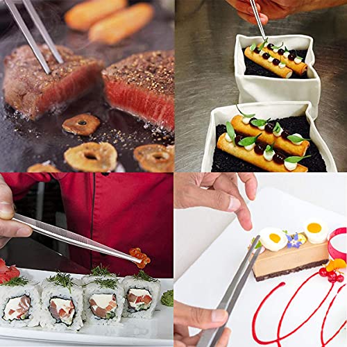 Kitchen Long Tweezers Set, LEEFONE 2 PCS 12 Inch Stainless Steel Food Tweezers with Precision Serrated Tips for Cooking & Baking (Straight + Curved)