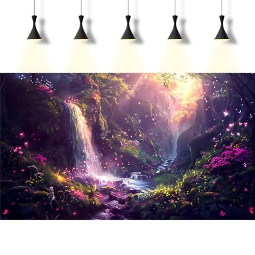 Fantasy Forest Aquarium Background Waterfalls Cascade Moss-Covered Rocks Fish Tank Background Golden Sunlight Lush Green Foliage Reptile Tank Backgrounds Paradise Oasis Terrarium Backgrounds 48x18in - color: Purple Green, size: 48(W)x18(H)inches/ 120(W)*4