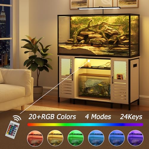 BREEZEHEAT Fish Tank Stand with Power Outlet, LED Light, 1250lbs Capacity, Heavy Duty Metal 55-75 Gallon Aquarium Stand with Cabinet, Terrarium stand Suitable for Turtle & Reptile Tank, White
