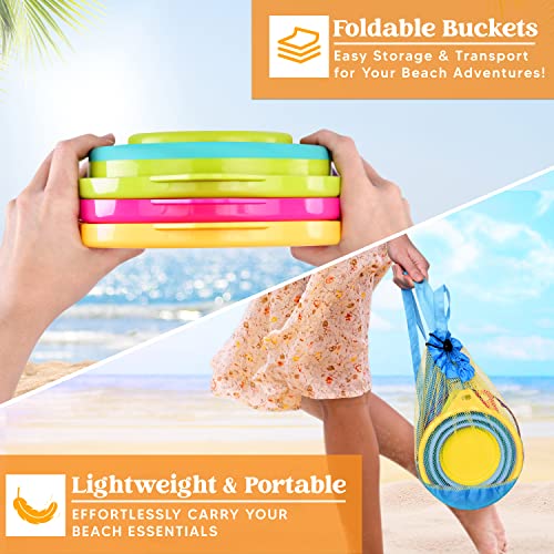 JOYIN 3 Packs Foldable Pail Bucket with Shovels & Mesh Bag, Collapsible Buckets Multi Purpose for Beach, Camping Gear, Beach Party, Fishing, and Fun Summer Activities (Yellow/Blue/Green) - color: Yellow/Blue/Green
