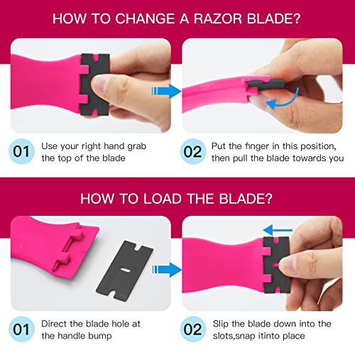 DEKEones Plastic Razor Blade Scraper, 2 Pack Razor Scraper with 100 Pcs Razor Blades for Removing Glue, Sticker, Decals, Tint from Car Window and Glass(Pink)