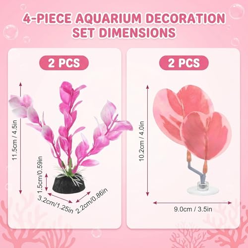 Pink Aquarium Decor, Betta Fish Resting Spot and Feeding Ring for Fish Tank, Small Fish Tank Decor with 4 Pieces of Pink Betta Hammock Plants, 4 Inch Height for Aquarium Decoration