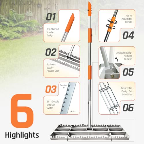 Lawn Leveling Rake, 2-in-1 Double-Side Leveler with 20 Marking Flags for Low Spot, 30" Heavy Duty Stainless + Powder Coated Landscape Rake, Flat & Serrated Side for Soil Dirt Sand Gravel, Yard Garden