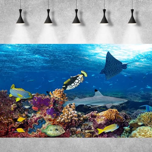 Under The Sea Aquarium Background Colorful Coral Reef Marine Life Ocean Fish Tank Background Deep Blue Sea Tropical Fish Sunbeams Terrarium Backgrounds Seabed Seascape Backgrounds for Aquarium 24x12in - color: Ocean Dark Blue, size: 24(W)x12(H)in