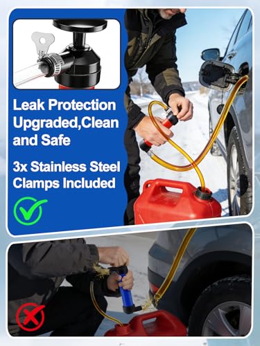 Hand Fuel Transfer Pump with Leakproof Clamps - Versatile Manual Siphon for Gasoline, Oil, Diesel, Antifreeze, Emergency Use for Car/Lawn Mower/Motorcycle/RV, Includes 3/4" NPT Brass Connector