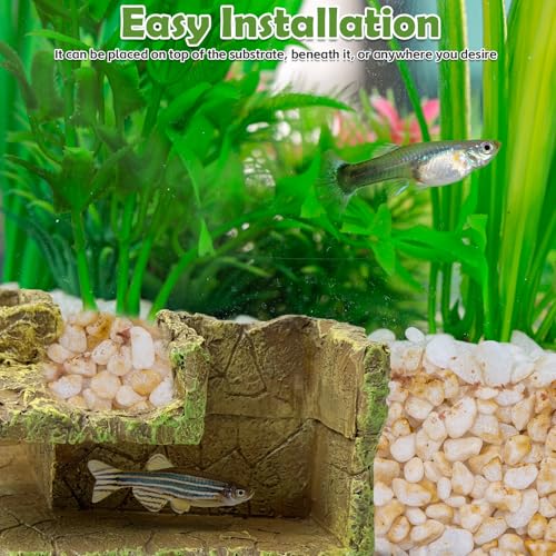 Aquarium Hideaway Cave Underground Tunnel Hideout Wood-Like Fish Tank Cave for Corners View Fish in Aquarium Decoration with 2PCS Plastic Aquatic Plants for Betta Shrimp Guppy Hide