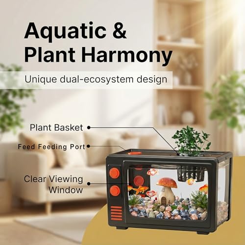 Retro TV Aquarium Kit 4 Gallon Desktop Fish Tank with Filter and LED Light, Mini Aquarium Starter Kit for Betta Fish, Vintage Television Style Decorative Fish Tank for Office Desk Home Decor - color: Black - 4 gallon