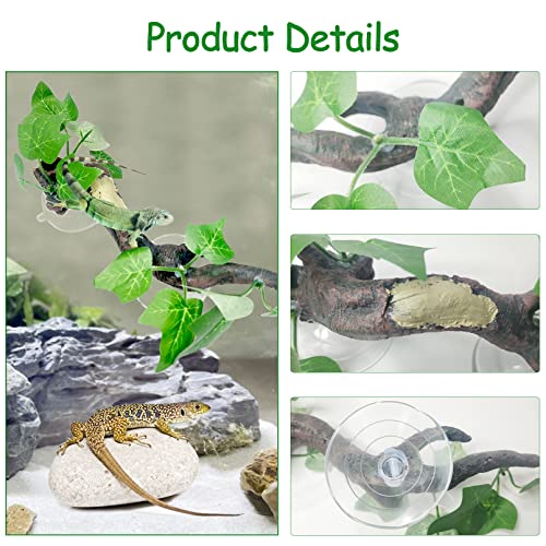 Fhiny 2 PCS Reptile Corner Branch, Resin Climb Tree Branch Decor with Leaves Tank Accessories Terrarium Plant Ornament with Suction Cup for Snake Lizard Bearded Dragons Gecko Climbing - color: Green, 2 Pcs