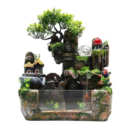 Waterfall Fountain, Desktop Fish Tank Fountain with Atomizer, Fisherman and Colorful LED Lights, for Living Room, Bedroom, Yoga Room, Office, Study, Meditation Room - size: D