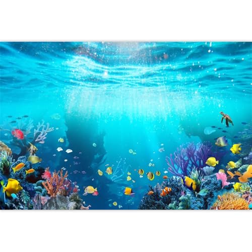 Under The Sea Backdrop Nautical Underwater World Coral Turtle Fish Decorations Background Ocean Seabed Sunlight Diving Backdrop Aquarium Cake Table Banner Studio Props Vinyl 5x3ft - color: Marine Blue, size: 5x3ft (150x90cm)