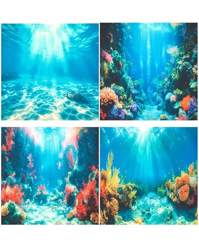 4 Pack Aquarium Background Polyester 11.8 x 11.8 Inch Cloth Fish Tank Background Undersea Corals Sunshines Rock Aquatic Plants Wallpaper with Double-Sided Tape - size: 11.8 x 11.8 Inch