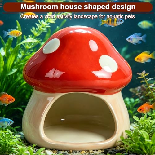 AnRui Ceramic Betta Fish Tank Accessories Decor Cute Mushroom House Aquarium Decoration Hideout Cave Ornament for Small Fish, Shrimp, Goldfish and Reptiles (Red) - color: Red