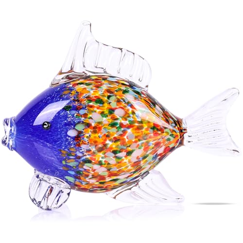 Large Hand Blown Glass Fish Figurines, Aquarium Sea Glass Art, Blue Orange Fish Statue Sculpture Modern Coastal Accent - for Beach Knick Knacks, Coffee Tables, Nautical Offices Centerpiece - color: Blue Orange