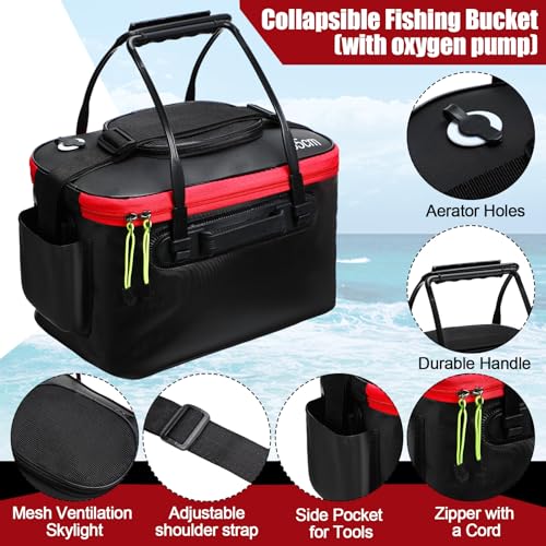 2 Pcs Fishing Bucket and Live Bait Aerator, Foldable Multi Functional Live Bucket Portable Quiet Aerator Outdoor Camping Fishing EVA Bag - color: Black