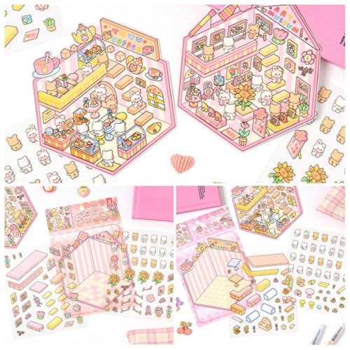 8 Sets Cute DIY 3D House Stickers with Tweezers,Fun 3D Sticker Scene Make Your Own Mini Cartoon Zoo Aquarium Library Coffee House Stickers for Gifts Therapy for Adult Relief Stress Pass The Time