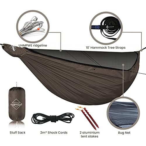 Onewind 11ft Camping Hammock with Mosquito Net and Adjustable Ridgeline, Lightweight Portable Double Hammock with Tree Straps and Bug Net, Ideal for Camping, Hiking, Backpacking, Coyote Brown - color: Brown, size: 11' x 64"