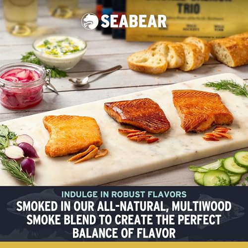 SeaBear Smoked Salmon Trio 18oz (3 x 6oz) Fillets Gift Box – Wild Alaska Sockeye, Wild Pink & Coho Fillets, Shelf Stable, Ready to Eat, 18 Ounce (3 x 6 Ounce) Filets - size: 18 Ounce (Pack of 1)