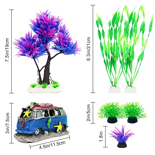 6PCS Fish Tank Aquarium Decorations Plastic Plants with Resin Cave Rock for Fish Hideout (Purple Set) - color: Purple & Green