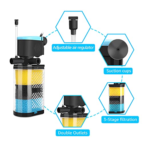 Kulife 3-Stage Aquarium Filter - Internal Filter for 70-100 Gallon Fish & Turtle Tanks with Dual Water Outlet & Aeration - size: For 70-100 Gal Aquarium (300GPH)