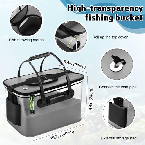 3 Pcs Fishing Bucket, Live Bait Aerator and Fishing Cast Net with Heavy Duty Sinker Foldable Live Bait Bucket Portable Quiet Aerator Fish Transport Container Outdoor EVA Bag - color: Gray