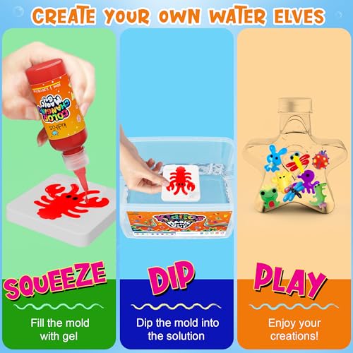 Kiditos Magic Water Elf Toy Kit for Kids, Color-Changing Magic Water Pets Craft Kit with 8 Color-Changing Gels, 10 Molds, Star Bottle, DIY Sensory STEM Gift for Girls Boys Ages 3+
