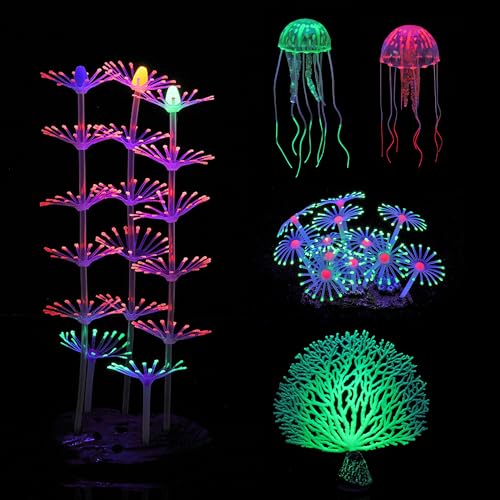 Lpraer 5 Packs Glow Aquarium Decorations Branch Coral Tree Glowing Jellyfish Simulation Glow Plant Glowing Effect Silicone for Fish Tank Decorations - color: 5 Pcs(branch Coral+coral Tree+coral And+2x Jellyfish)